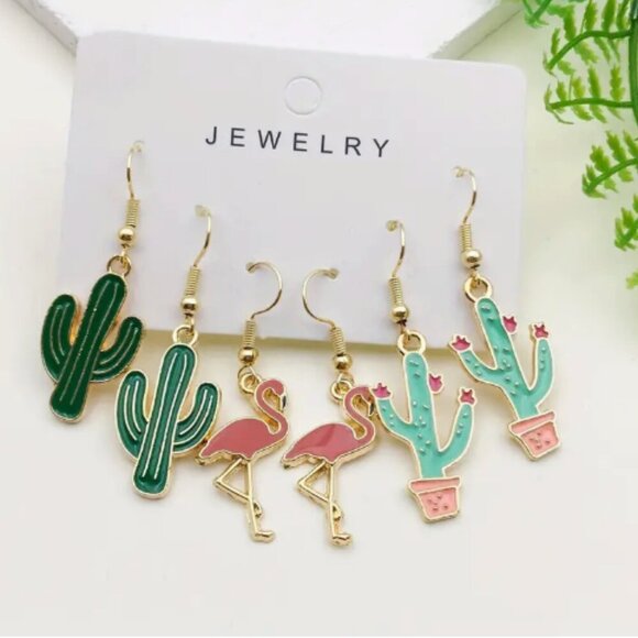 💚 3 pack of fun Cactus, Flamingo Earrings on shepherds hook earwires gold tone - Picture 1 of 3